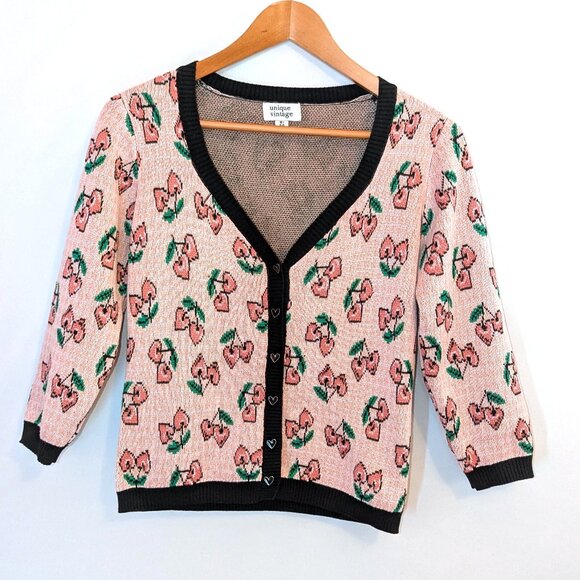 Unique Vintage | Pink Cherry Hearts Cardigan | Size Medium - Picture 5 of 12